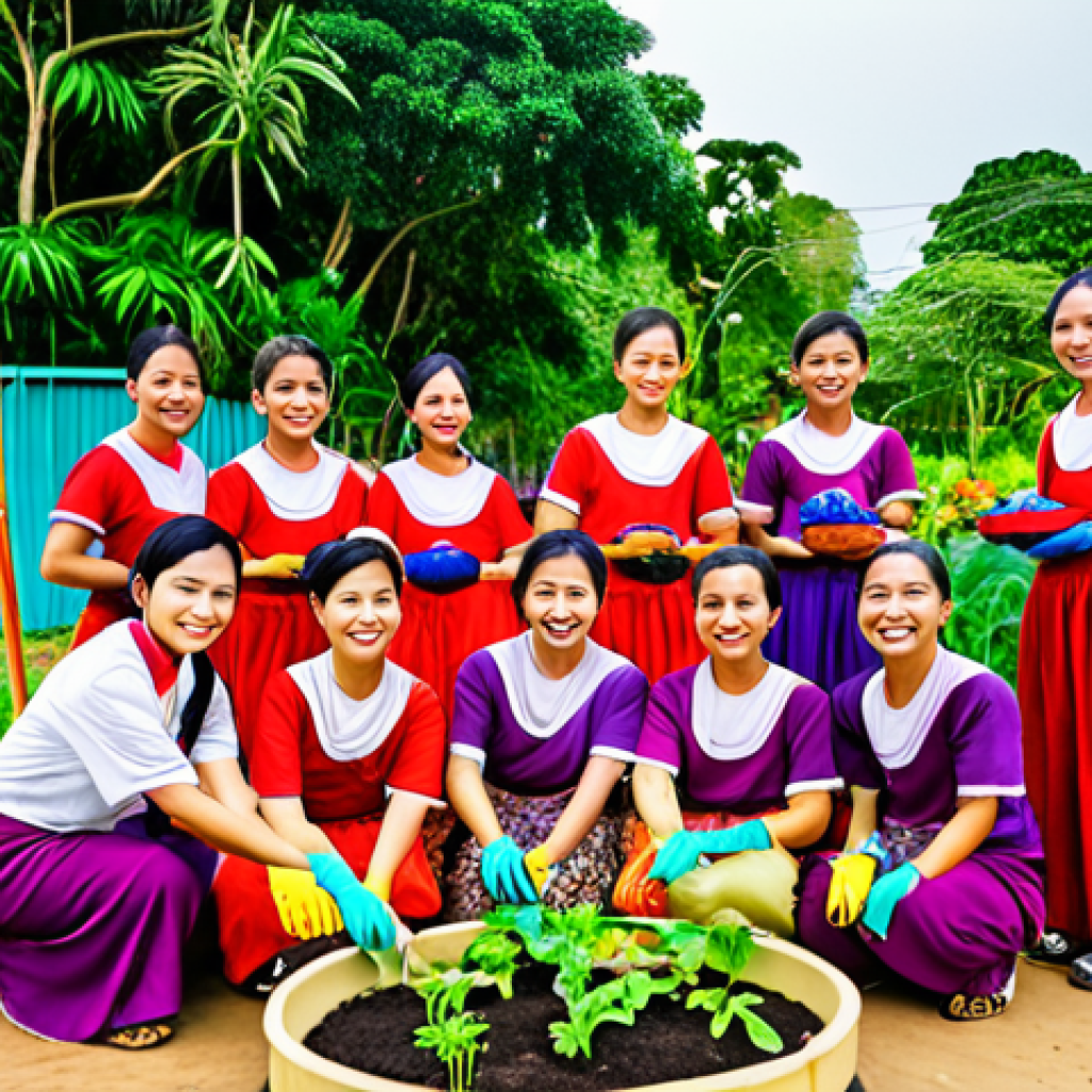 A group of Thai people joyfully volunteering in a community garden, showcasing social responsibility and community spirit. Focus on vibrant colors and authentic Thai attire.