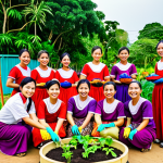 A group of Thai people joyfully volunteering in a community garden, showcasing social responsibility and community spirit. Focus on vibrant colors and authentic Thai attire.