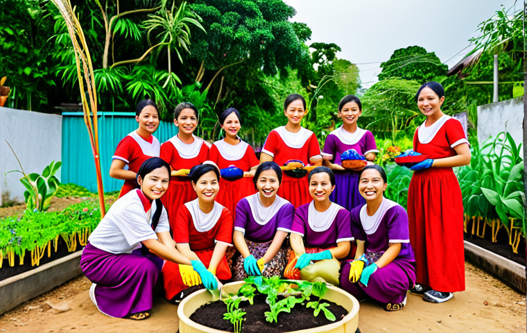 A group of Thai people joyfully volunteering in a community garden, showcasing social responsibility and community spirit. Focus on vibrant colors and authentic Thai attire.