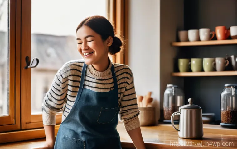 브랜드 스토리텔링의 혁신적 접근법 - A warmly lit, cozy cafe interior. A female customer, casually dressed in stylish but modest attire (...
