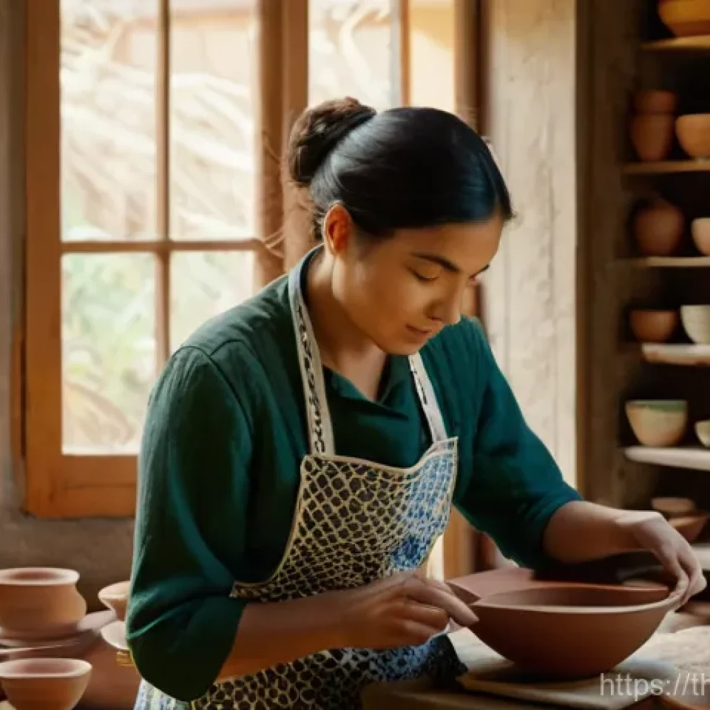 브랜드 스토리텔링의 감동적인 요소 - **A passionate female artisan in her cozy, sunlit workshop.** She is meticulously hand-painting intr...