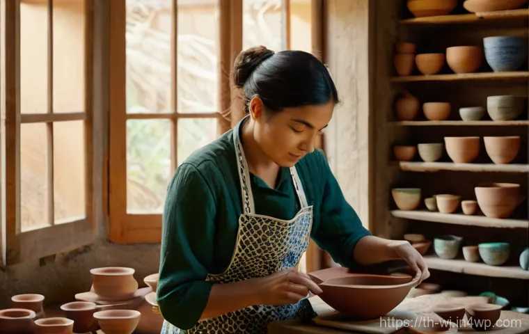 브랜드 스토리텔링의 감동적인 요소 - **A passionate female artisan in her cozy, sunlit workshop.** She is meticulously hand-painting intr...