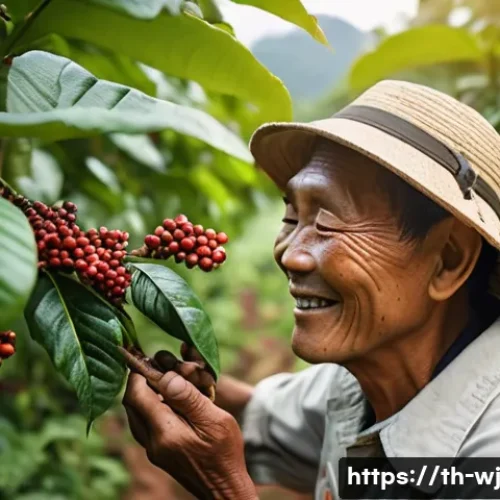 브랜드 스토리텔링의 성공적인 실행 사례 - **"A heartwarming scene depicting a Thai coffee farmer in a lush, green coffee plantation in Norther...