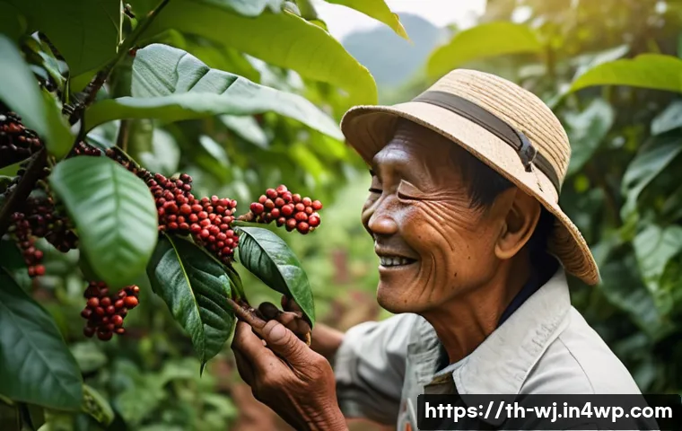 브랜드 스토리텔링의 성공적인 실행 사례 - **"A heartwarming scene depicting a Thai coffee farmer in a lush, green coffee plantation in Norther...