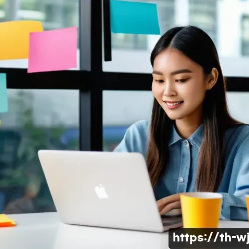 브랜드 스토리 소셜 미디어 활용 방안 - A vibrant digital marketing workspace scene showing a young Thai professional woman creating brand s...