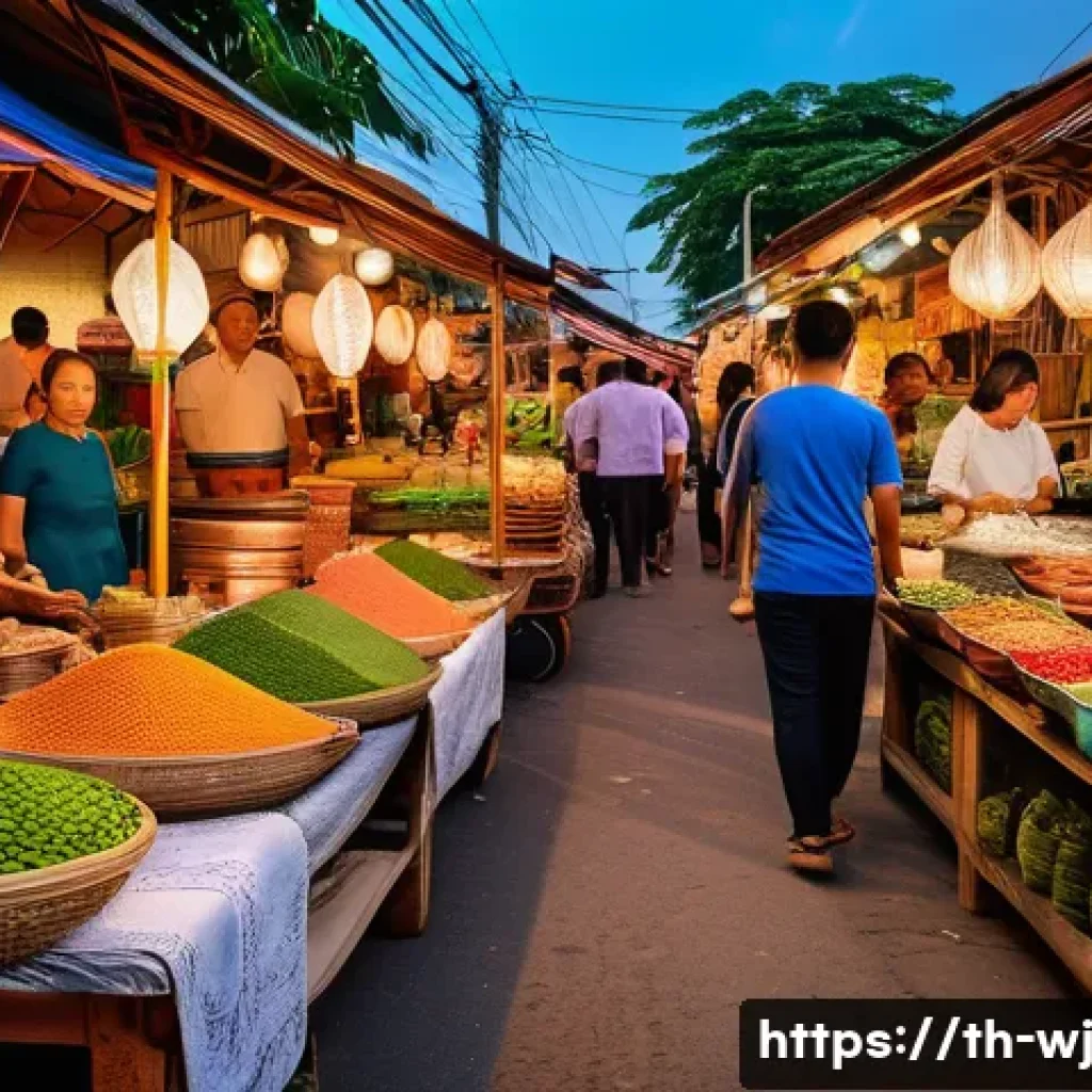 브랜드 스토리텔링과 콘텐츠 전략의 통합 - A vibrant Thai street market scene at sunset, showcasing a diverse group of friendly vendors and cus...